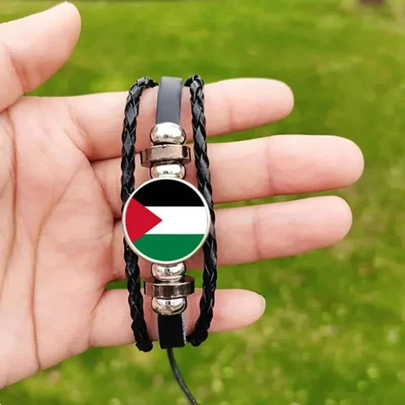 Zwart leren armband met Palestijnse vlag en metalen accenten, mooi armbandje