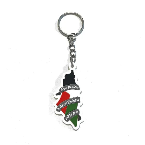 Metal Palestina sleutelhanger met kleuren en tekst in Palestijnse stijl