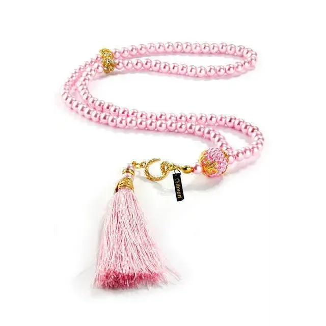 Roze pareltasbih hondenlijn met kwastje en gouden hardware