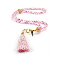 Roze pareltasbih hondenlijn met kwastje en gouden hardware