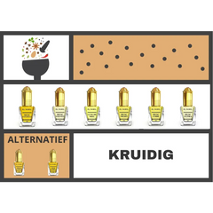 Illustratie van spelflessen en vijzel met tekst Alternatief en Kruidig voor Parfumbundel - Kruidig