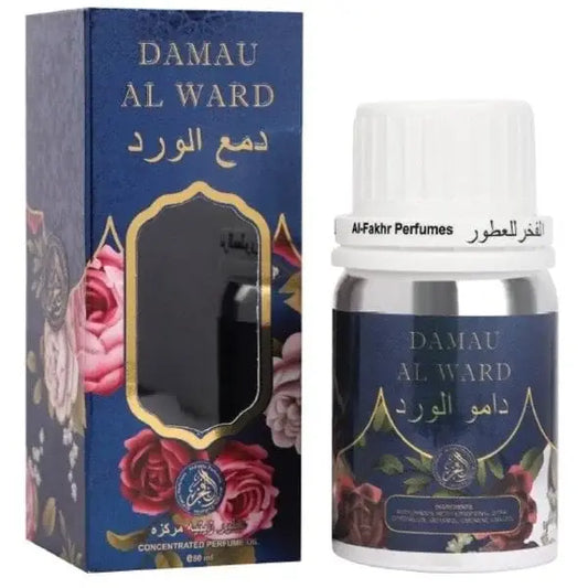 Zilver metalen fles met witte dop en marineblauw etiket met gouden arabische tekst rozen en damau al ward parfumolie 50 ml van al-fakhr perfumes