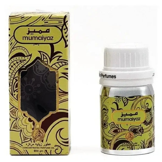 Parfumolie 50 ml mumaiyaz geconcentreerde parfumolie in zilveren fles met geelbruine sierlijke verpakking
