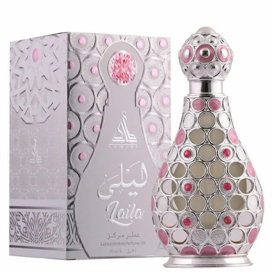 Silver en roze versierde parfumfles met ingewikkelde cirkelpatronen voor parfumolie layla