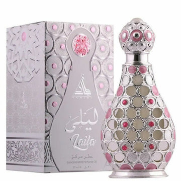 Silver en roze versierde parfumfles met ingewikkelde cirkelpatronen voor parfumolie layla