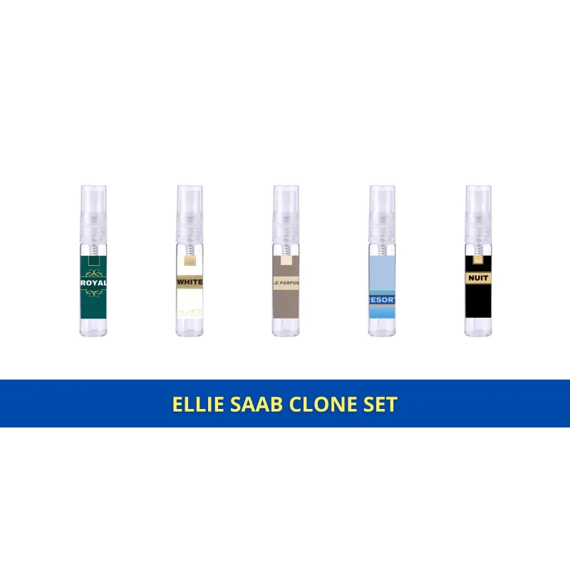 Vijf parfumstaal flacons uit de Parfumsample Set - Ellie Saab Dupe voor Resort Le Parfum