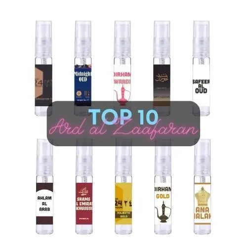 Tien heldere glazen parfumverstuivers met kleurrijke arabische etiketten orden op twee rijen van parfumsamples top 10 ard al zaafaran