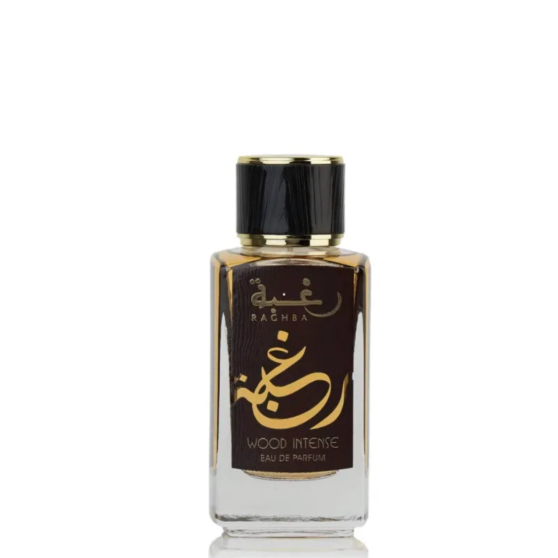 Perfume fles met Arabische script voor Lattafa Parfum Raghba Wood Intense