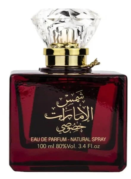Red parfumfles met diamantvormige dop van Ard al Zaafaran Shams Emarat Khususi