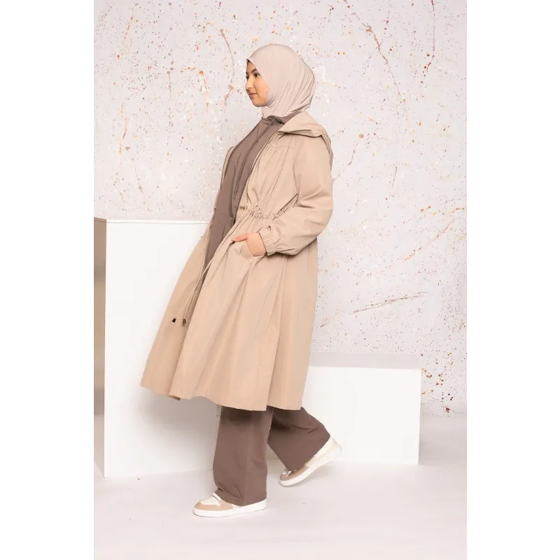 Parka jas: beige trench coat met capuchon en riem van katoenmix