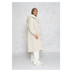 Parka jas: crèmekleurige lange jas met capuchon en zakken