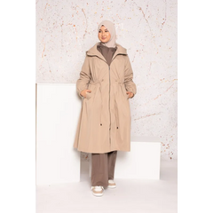 Parka jas: beige trenchcoat met capuchon en koordtaille, katoenblend