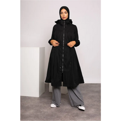 Zwarte parka jas met capuchon, zilverkleurige rits en zakken