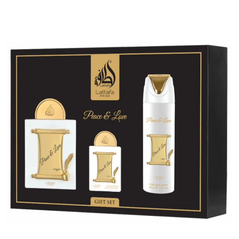 Witte en gouden parfumgeschenkset met scrollontwerp, Peace & Love geur