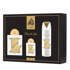 Witte en gouden parfumgeschenkset met scrollontwerp, Peace & Love geur