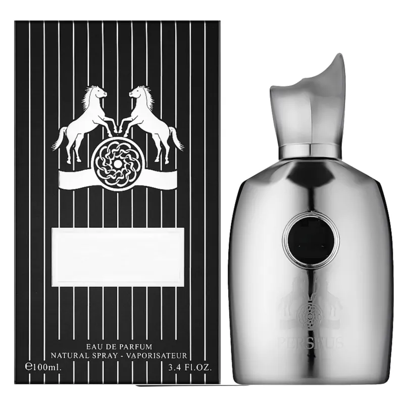 Zilveren metallic parfumfles met bijpassend doos voor Al Hambra Parfum Perseus