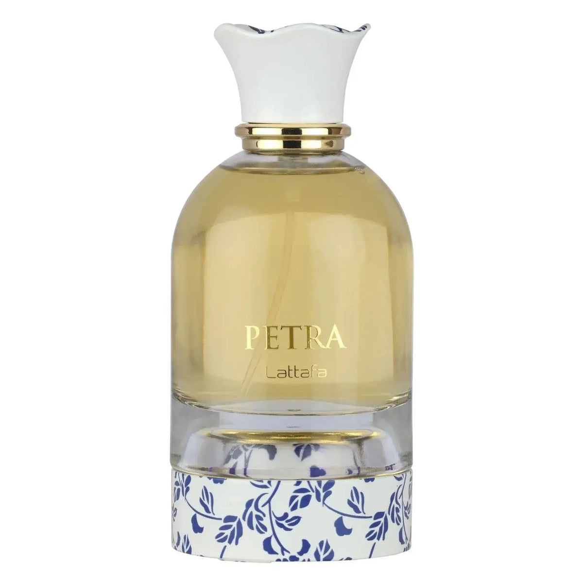 Een heldere glazen parfumfles petra lattafa met een witte geperste dop, gouden accenten en blauwe bloemenprint