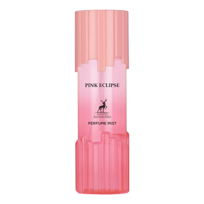 Roze glazen lichaamssprayfles pink eclipse van maison alhambra met geribbelde roze dop