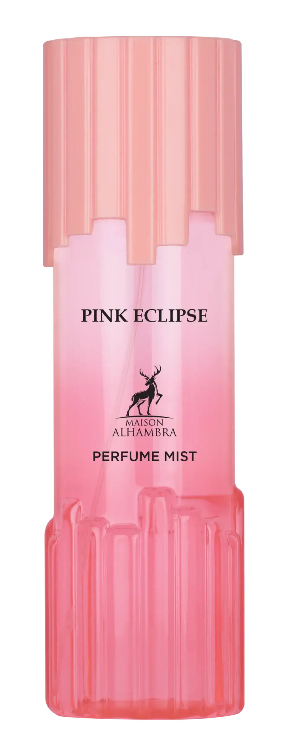 Roze glazen lichaamssprayfles pink eclipse van maison alhambra met geribbelde roze dop