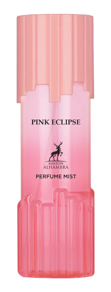 Roze glazen lichaamssprayfles pink eclipse van maison alhambra met geribbelde roze dop