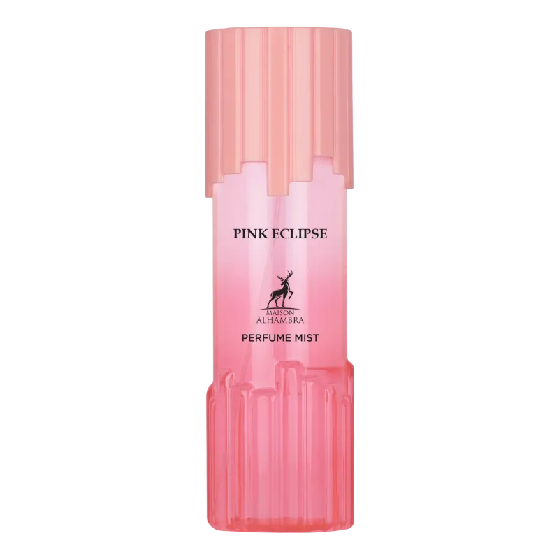 Pink eclipse body mist van maison alhambra met roze gradiënt ribbelige doorzichtige fles en bijpassende dop