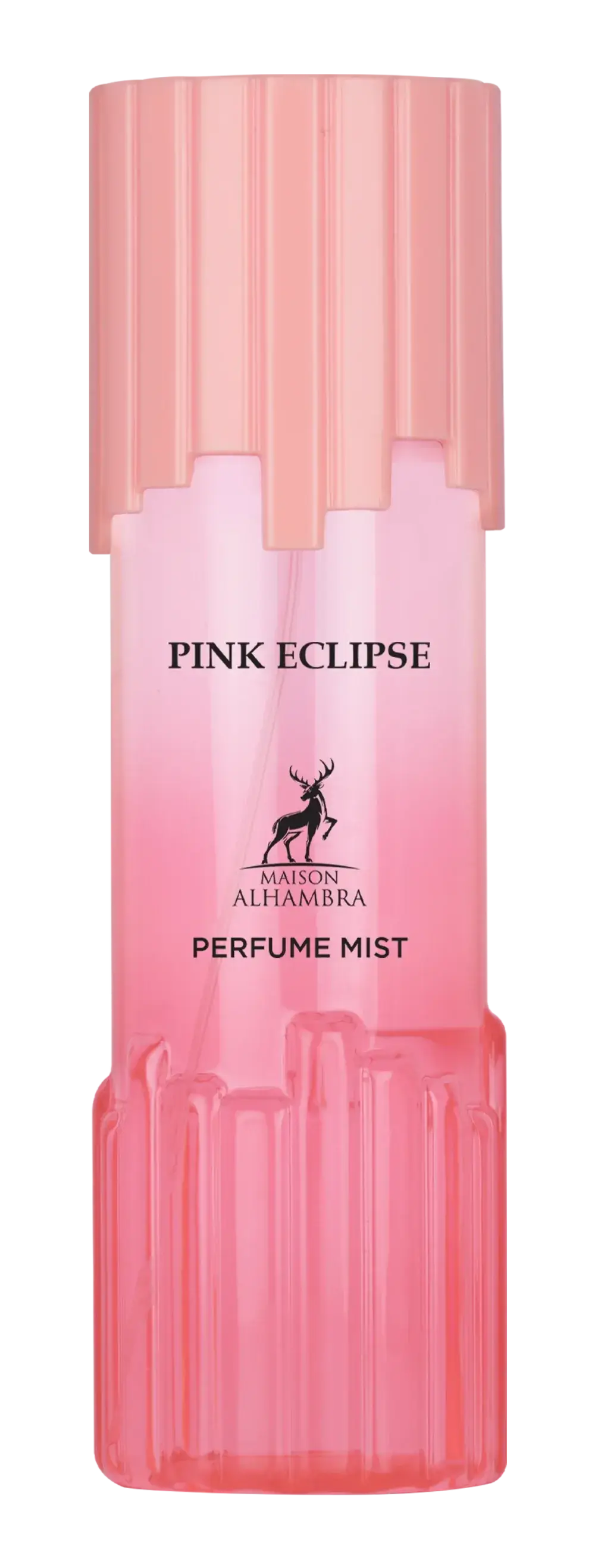 Pink eclipse body mist van maison alhambra met roze gradiënt ribbelige doorzichtige fles en bijpassende dop