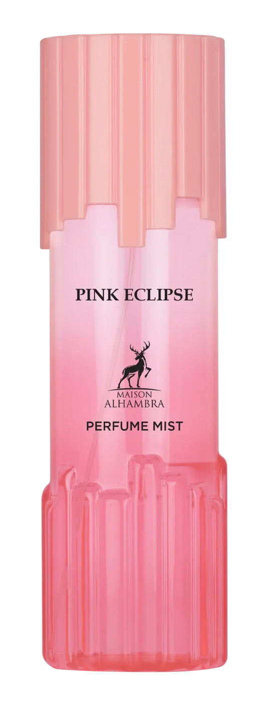 Pink eclipse body mist van maison alhambra met roze gradiënt ribbelige doorzichtige fles en bijpassende dop