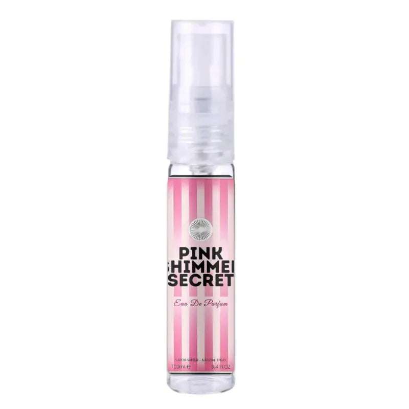 Roze en witte gestreepte parfumfles met Pink Shimmer Secret tekst van merk uitgeverij