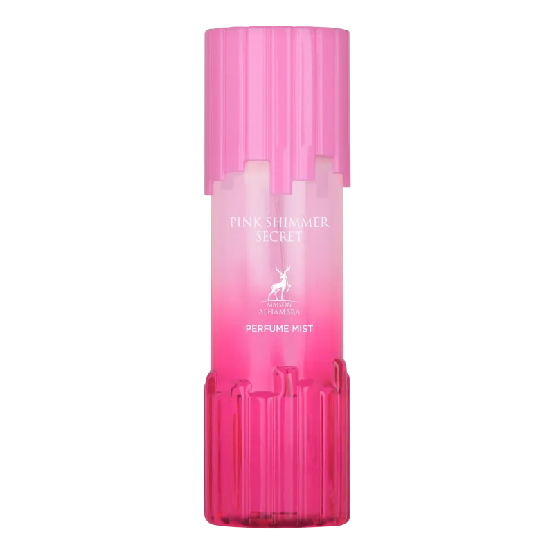 Roze glanzende secret body mist fles van plastic met gegradueerde kleur en bijpassende roze dop met reliëfmerk