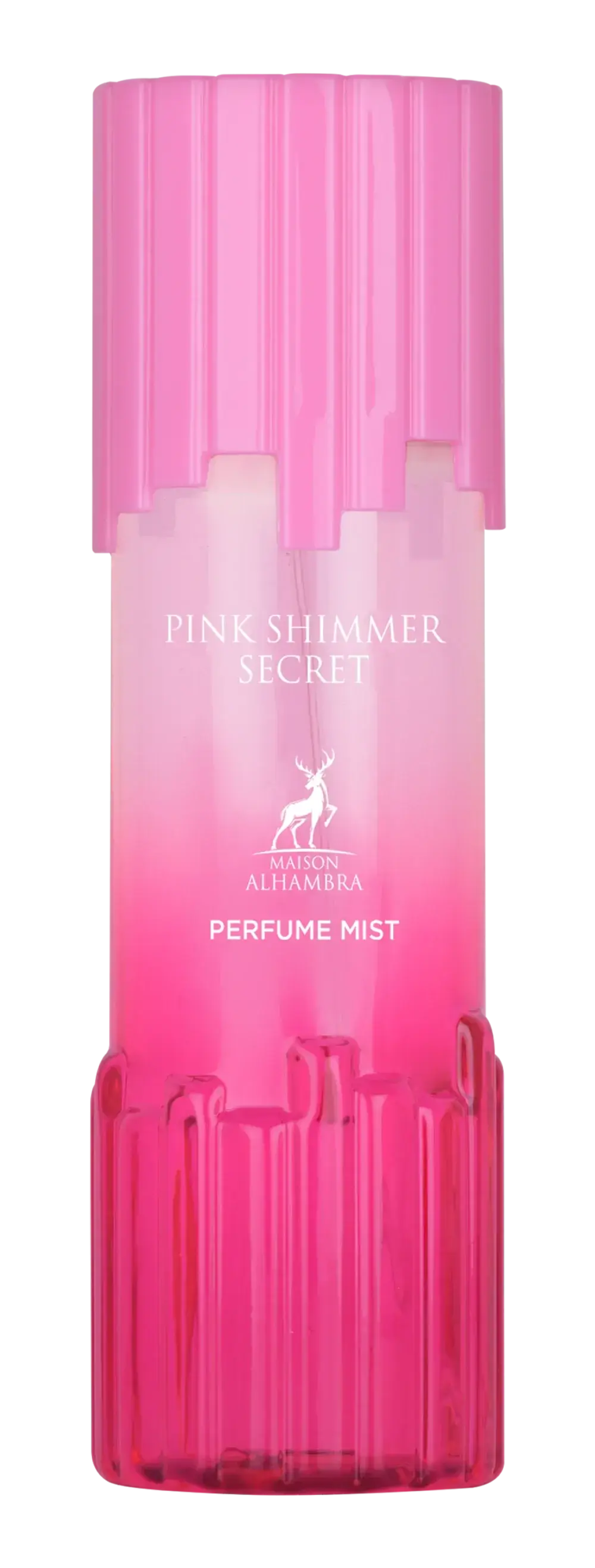 Roze glanzende secret body mist fles van plastic met gegradueerde kleur en bijpassende roze dop met reliëfmerk