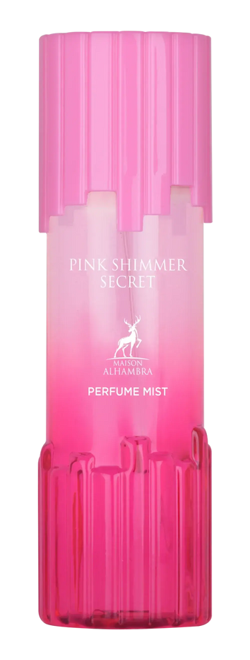 Roze glanzende secret body mist fles van plastic met gegradueerde kleur en bijpassende roze dop met reliëfmerk