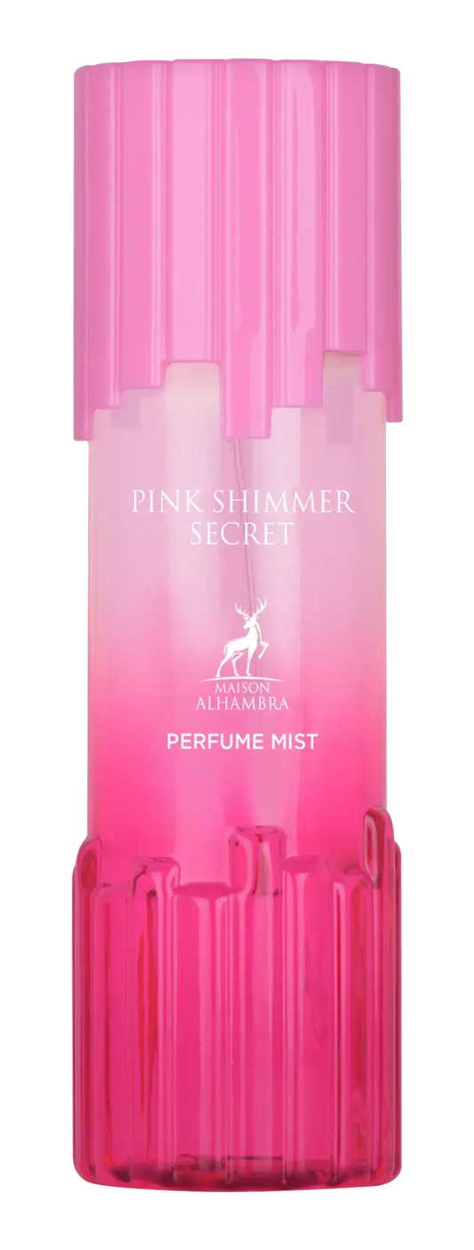 Roze glanzende secret body mist fles van plastic met gegradueerde kleur en bijpassende roze dop met reliëfmerk