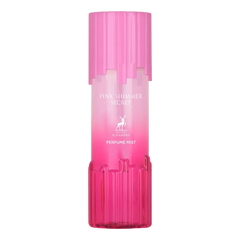 Roze glanzende secret body mist fles van plastic met gegradueerde kleur en bijpassende roze dop met reliëfmerk