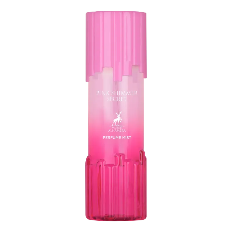 Roze gradient body mist fles met geribbelde roze dop en basis label pink shimmer secret van alhambra