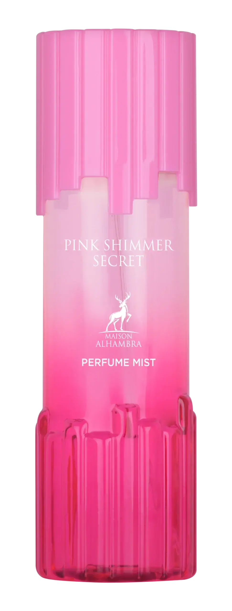 Roze gradient body mist fles met geribbelde roze dop en basis label pink shimmer secret van alhambra