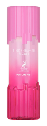 Roze gradient body mist fles met geribbelde roze dop en basis label pink shimmer secret van alhambra