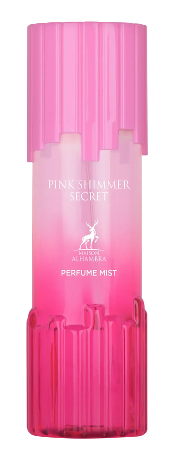 Roze gradient body mist fles met geribbelde roze dop en basis label pink shimmer secret van alhambra