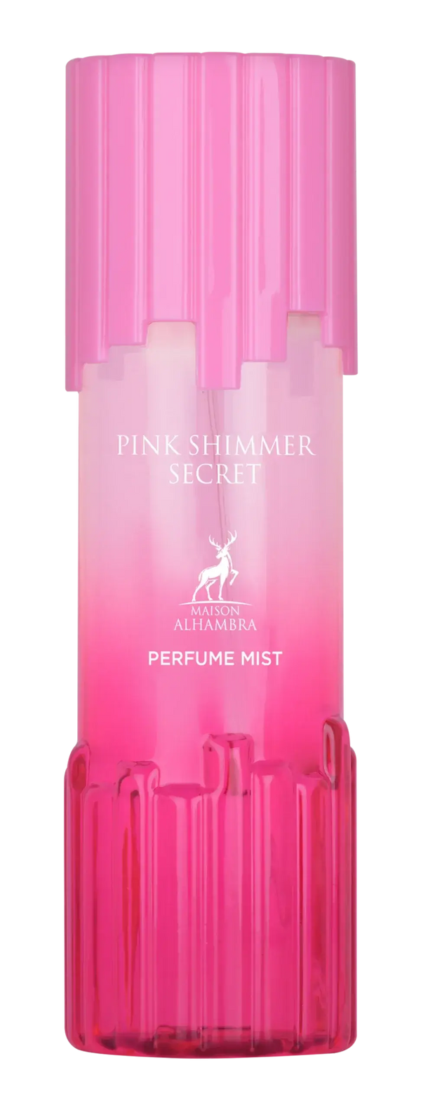 Roze gradient body mist fles met geribbelde roze dop en basis label pink shimmer secret van alhambra