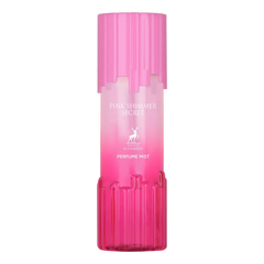 Roze gradient body mist fles met geribbelde roze dop en basis label pink shimmer secret van alhambra