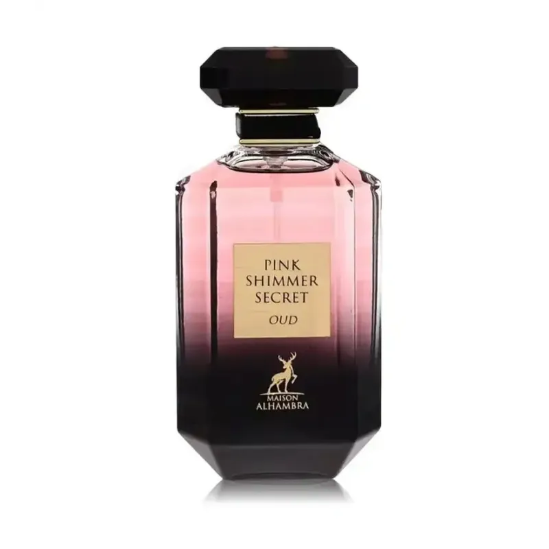 Roze en zwarte ombre parfumfles met gouden label Pink Shimmer Secret Oud van Al Haramain