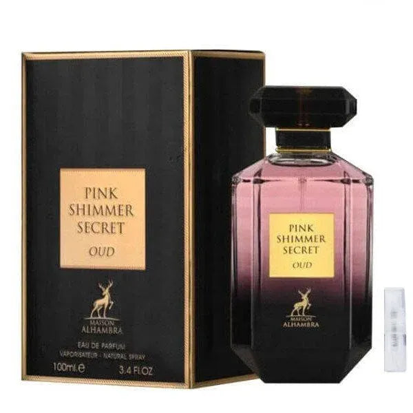 Roze en zwarte parfumfles met gouden accenten van Pink Shimmer Secret Oud