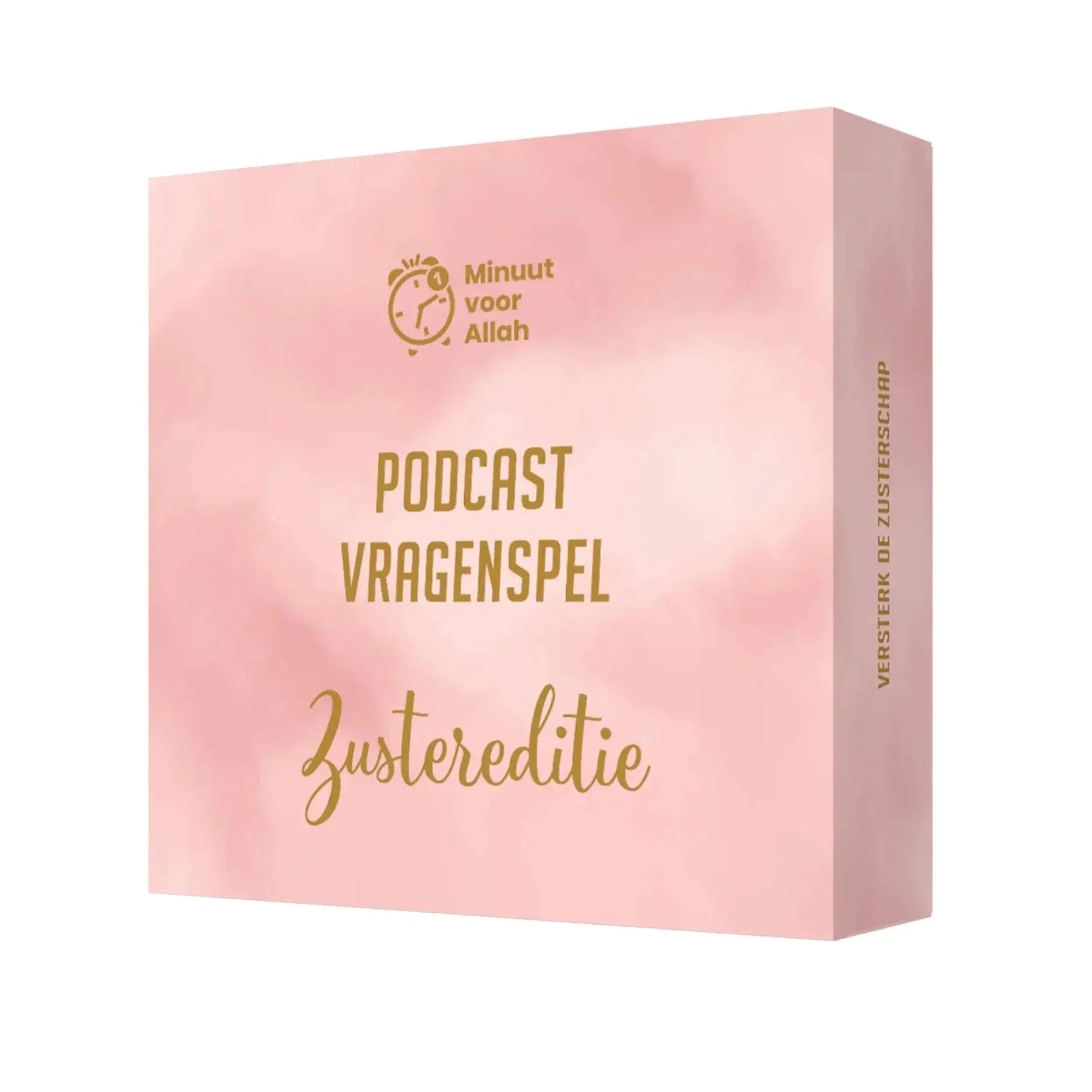 Roze rechthoekige box met gouden tekst en aquarelstructuur voor het podcast vragenspel zustereditie