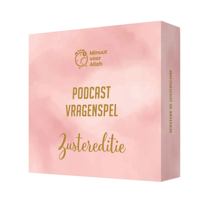 Roze rechthoekige box met gouden tekst en aquarelstructuur voor het podcast vragenspel zustereditie