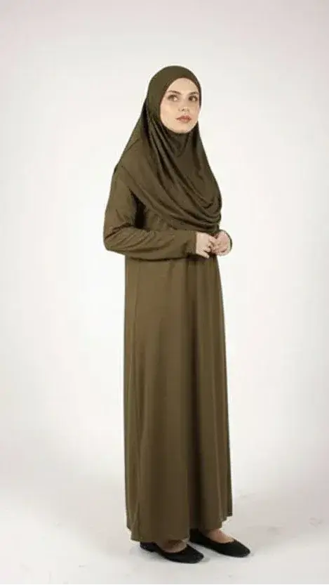 Praktische olijfgroene lange mouwen abaya met bijpassende hijab voor meisjes van 13 tot 17 jaar inclusief draagtas