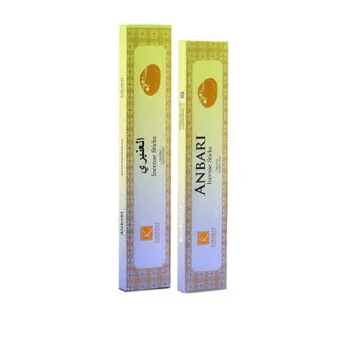 Twee verticale verpakking van anbari premium incense sticks karamat collection musk met gele naar lavendel kleuren en gouden patronen