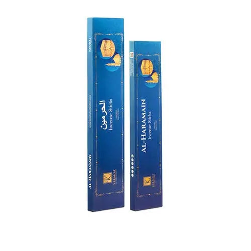 Twee blauwe rechthoekige dozen al-haramain premium wierookstokjes karamat collectie musk met gouden letters en embleem