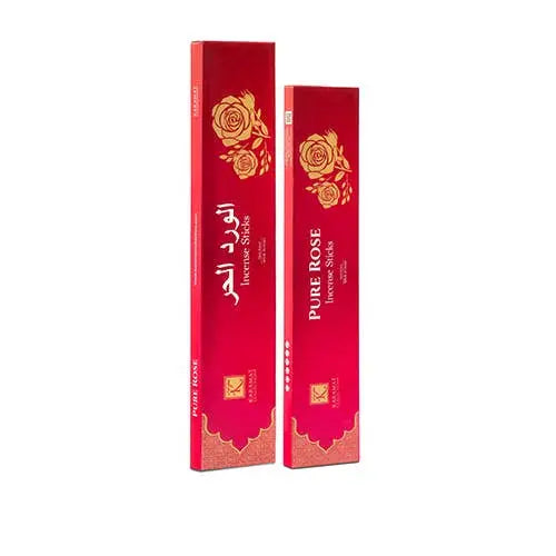 Rode rechthoekige dozen met pure rozen wierookstokjes met gouden rozen illustraties uit de karamat collectie