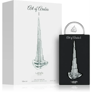 Zwarte rechthoekige fles art of arabia i eau de parfum van lattafa pride met zilverkleurig dubai torenontwerp