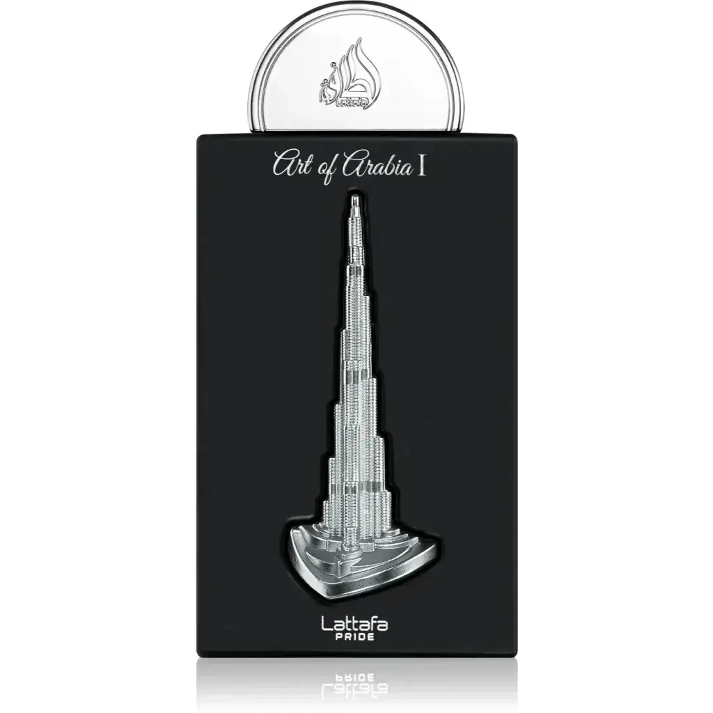 Zilverkleurige metalen replica van de burj khalifa op een zwarte doos labeled art of arabia i van lattafa pride product pride of arabia
