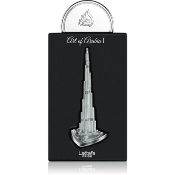 Zilverkleurige metalen replica van de burj khalifa op een zwarte doos labeled art of arabia i van lattafa pride product pride of arabia